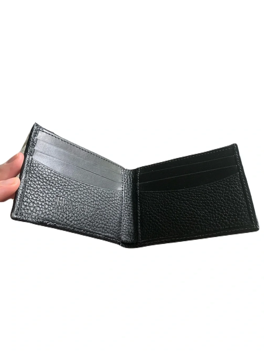 Men's Black Shiny Textured Genuine Leather Trim Bi-Fold Billfold Wallet USA Made